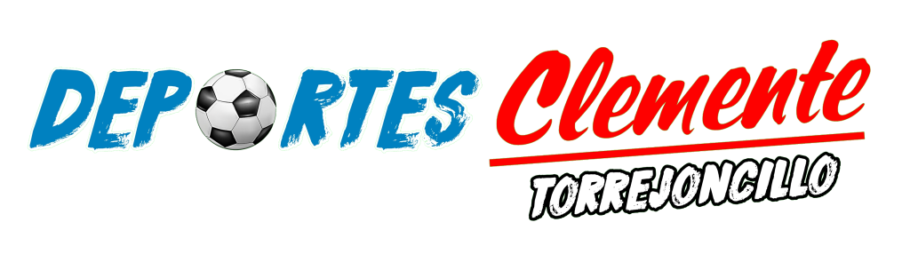 Logotipo en rojo y azul de Deportes Clemente, Torrejoncillo, Cáceres. Establecimiento familiar desde 1984 con venta de artículos deportivos, pesca deportiva todas modalidades, carabinas pistolas aire comprimido, munición, ropa calzado deportivo, servicio paquetería recogidas devoluciones y taller serigrafía profesional.