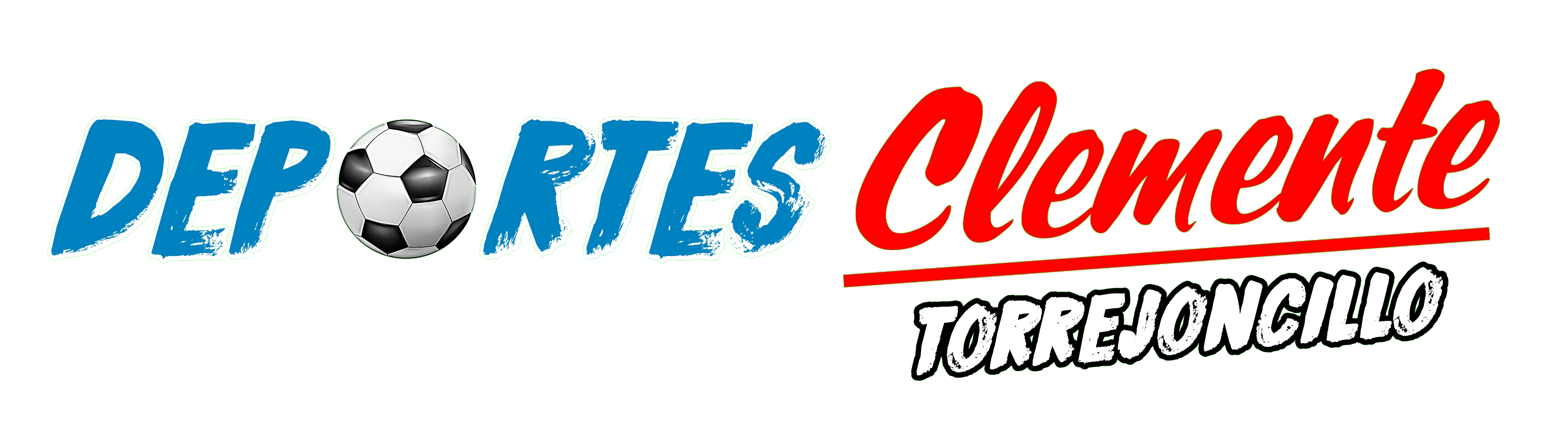 Logotipo en rojo y azul de Deportes Clemente, Torrejoncillo, Cáceres. Establecimiento familiar desde 1984 con venta de artículos deportivos, pesca deportiva todas modalidades, carabinas pistolas aire comprimido, munición, ropa calzado deportivo, servicio paquetería recogidas devoluciones y taller serigrafía profesional.